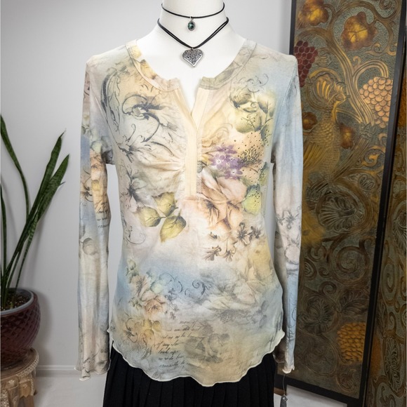 Apt. 9 Tops - Y2K Fairy Floral Henley Top Womens Sheer Long Sleeve‎ Rhinestone Detail